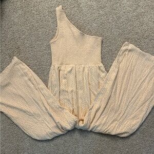 Aerie Cream Polka Dot One-Shoulder Jumpsuit